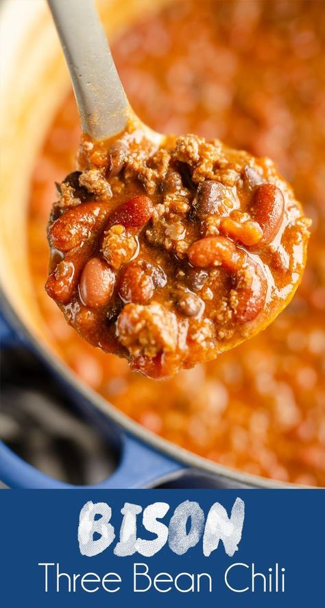 Buffalo Meat Recipes, Bison Meat Recipes, Bison Chili Recipe, Ground Bison Recipes, Bison Chili, Bison Recipes, Three Bean Chili, Bison Meat, Buffalo Meat