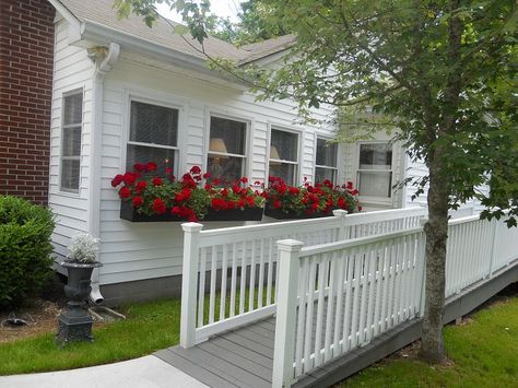 adding a wheelchair ramp.  Cute cottage feel.  Accessibility can be pretty! Wheelchair Ramps Ideas, Porch With Ramp, Ramp Ideas, Wheelchair Ramp Design, Accessible Homes, Katie Cooper, Diy Gutters, Accessible House, Ramp Design