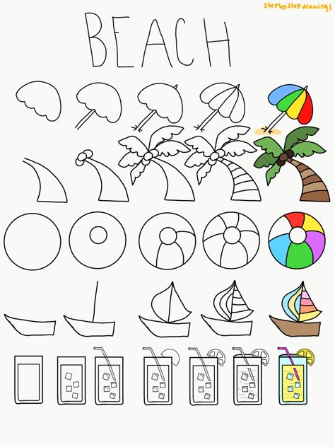 How To Draw A Beach Umbrella, How To Draw A Beach Ball, How To Draw Ball, How To Draw The Beach, How To Draw A Beach, Beach Ball Drawing, Summer Doodles Step By Step, How To Draw Beach, Cute Summer Doodles