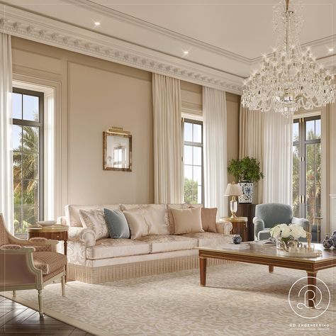 Ladies majles with French classic style with contemporary modifications using neutrals and baby blue. Blue Drawing Room Interior Design, Classic French Living Room, Temporary House, Interior Design French, French Kitchen Design, Bar Lounge Design, Classic Furniture Living Room, Moroccan Houses, French Living Rooms