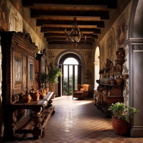 Italian Mansions Interior, Old Castle Interior, Italianate Interior, Italian Architecture Homes, Tuscan House Design, Italian Mansions, Italian Villa Interior, Tuscan Architecture, Hallway Interior