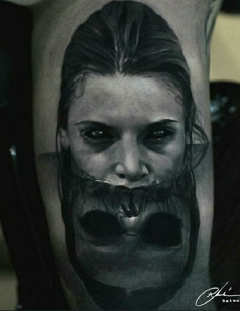 Girl Face Tattoo, Evil Tattoos, Kunst Tattoos, Demon Tattoo, Scary Tattoos, Creepy Tattoos, Leg Sleeve Tattoo, Horror Tattoo, Dark Art Tattoo