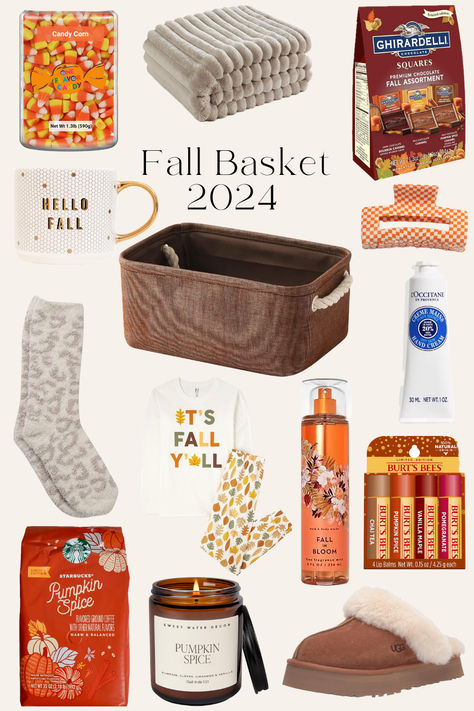 Fall Cute Fall Gift Ideas, Party Favor Basket Ideas, Fall Basket For Teachers, Co Ed Gift Basket Ideas, Fall Presents Gift Ideas, Thanksgiving Themed Gift Baskets, Fall Baskets For Teachers, Fall Coffee Gift Basket Ideas, Gift Basket Ideas Candy