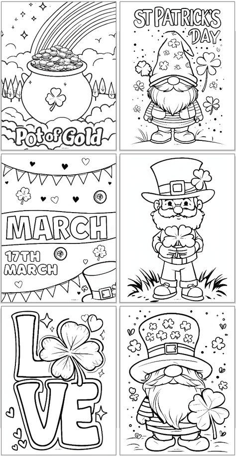 A collection of six black-and-white printable coloring pages featuring St. Patrick's Day themes, including a pot of gold, leprechauns, and decorative elements for March 17th activities for kids. St. Patrick’s Day Kid Crafts, Disney Crafts Printables, Activities For St Patrick Day, One Page Craft, St Patty's Day Activities For Kids, St Patricks Day Activities For 2nd Grade, Hippy Coloring Pages, Free Printable St Patricks Day Crafts, Preschool St Patrick’s Day Craft