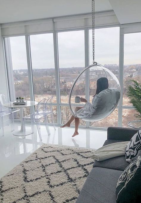 Modern Hanging Chairs, Swing In Living Room, Diy Hanging Chair, Ceiling Chair, Indoor Hanging Chair, Hanging Chair Indoor, Bubble Chair, Hanging Seats, Swing Chair Outdoor