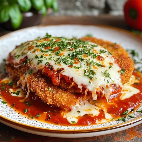 Breaded Veal Cutlet Parmigiana Parmigiana di Cotoleta is a classic Italian dish featuring layers of breaded veal cutlets smothered in rich marinara sauce and melted mozzarella cheese. This recipe combines the crispy texture of perfectly fried veal with the savory flavors of Parmesan and fresh basil, creating a mouthwatering experience. Perfect for a comforting family dinner or an impressive meal for guests, this Parmigiana di Cotoleta is a must-try for fans of authentic Italian cuisine. Enjoy the delectable combination of tender veal, creamy cheese, and zesty tomato sauce in every bite. Ingredients: veal cutlets, salt, pepper, all-purpose flour, large eggs, milk, breadcrumbs, grated Parmesan cheese, marinara sauce, shredded mozzarella cheese, fresh basil leaves, extra virgin olive oil Lasagna Recipe Best, Authentic Italian Lasagna Recipe, Breaded Veal Cutlets, Veal Parm, Authentic Italian Lasagna, Veal Parmesan, Chicken Italian, Italian Main Dishes, Italian Lasagna