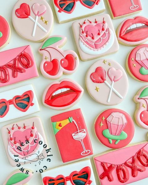 Trendy Cookies Decorated, Checkered Cookies Decorated, Fancy Decorated Cookies, Cherry Decorated Cookies, Key Cookies Decorated, Fun Sugar Cookies Decorated, Hot Pink Cookies, Galentine Party Cookies, Cherry Cookies Decorated