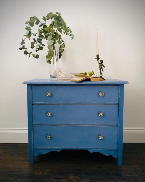 Vintage chest of drawers. Painted in blue chalk paint. Available for sale. Warrington England, Blue Chest Of Drawers, Blue Chalk Paint, Chalk Painted Furniture, Gilding Wax, Vintage Chest Of Drawers, Dovetail Joints, Vintage Chest, Dove Tail Joints