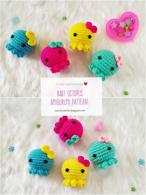 Amigurumi Baby Octopus - A little love everyday! Crochet Baby Octopus, Crocheted Animals, Octopus Crochet Pattern, Mini Amigurumi, Baby Octopus, Confection Au Crochet, Crochet Geek, Crochet Octopus, Crochet Keychain Pattern