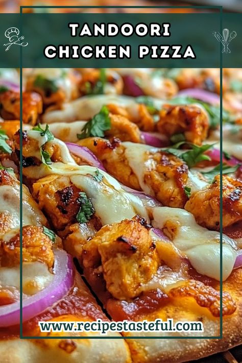 This Tandoori Chicken Pizza combines the rich flavors of Indian cuisine with the comforting familiarity of pizza. Made with naan bread, tender tandoori chicken, and topped with chickpeas and cilantro, this dish is both quick to prepare and deliciously unique. Indian Bread Naan, Tandoori Pizza, Tandoori Chicken Pizza, Pizza Twists, Toasted Chickpeas, Chicken Pizza Recipes, Naan Pizza, Classic Pizza, Indian Bread