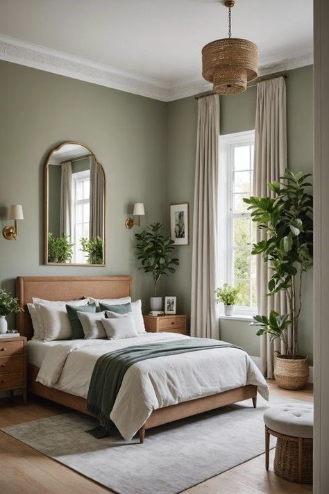 Amazing Decorating Ideas for your Home - Blushiee Cabin Green Interior, Master Bedrooms Sage Green, Natural Green Bedroom Ideas, Guest Bedroom Furniture Ideas, Green Natural Bedroom, Guest Bedroom Ideas Green, Warm Green Bedroom, Warm Color Bedroom Ideas, Bedroom Inspirations Cozy Warm