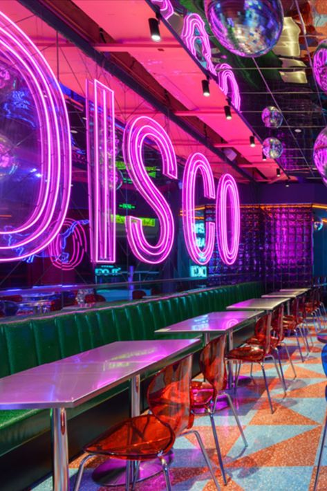 Retro Jukebox Aesthetic, Disco Neon Sign, Disco House Decor, Disco Design Interior, Retro Theme Decoration, Karaoke Bar Aesthetic, Neon Retro Aesthetic, Disco Room Aesthetic, 80s Disco Aesthetic