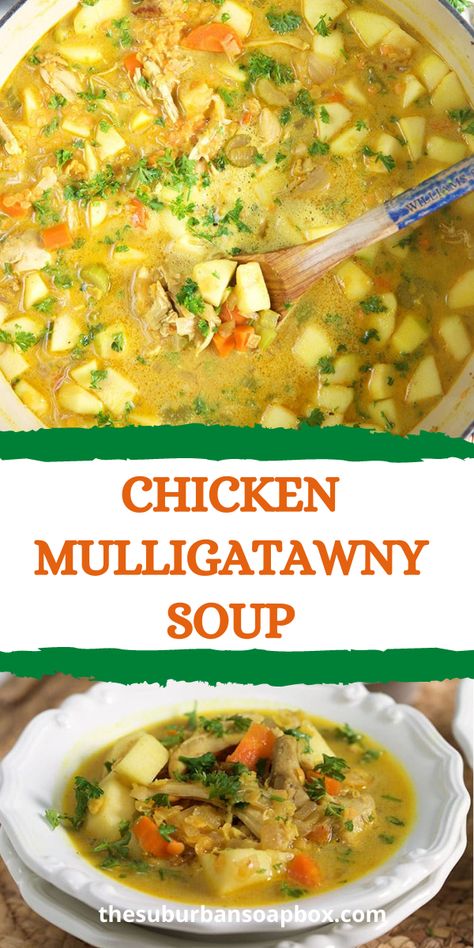 When you take the indulgent flavors of curry and combine it with the rich comfort of soup, you get one of my all time favorite recipes – chicken mulligatawny soup! It’s a hearty, filling dish that will satisfy the whole family. Make a big batch for your loved ones tonight! Chicken Muligawtany Soup Recipe, Muligawtany Soup Recipe, Chicken Mulligatawny, Mulligatawny Soup Recipe, Soup For Winter, Mulligatawny Soup, Chicken Curry Soup, Stew Chicken, Indian Soup