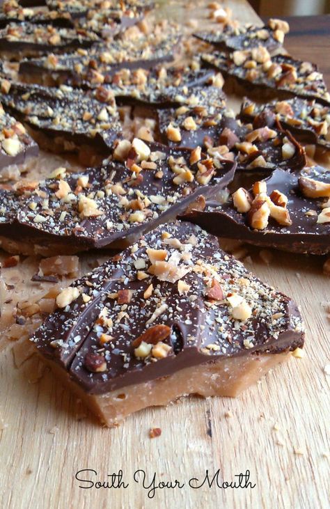 Salted Almond Chocolate Covered Toffee | South Your Mouth | Bloglovin’ English Toffee Recipe, South Your Mouth, Cookie Bars Easy, Toffee Candy, Almond Chocolate, Toffee Recipe, English Toffee, Southern Food, Snack Treat