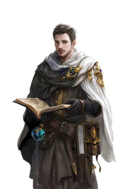 wizard / male spell caster with spellbook and flask  male human character for DnD / Pathfinder Heroic Fantasy, Human Male, Dungeons And Dragons Characters, Dnd Art, Medieval Clothing, Fantasy Male, Fantasy Warrior, Arte Fantasy, Dungeon Master