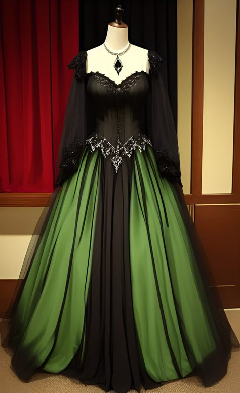 Dark Green Wedding Dress, Black Masquerade Dress, Black And Green Wedding, Green And Black Dress, Wedding Dresses Long Sleeves, Black And Green Dress, Skeleton Dress, Victorian Wedding Dress, Dresses Long Sleeves