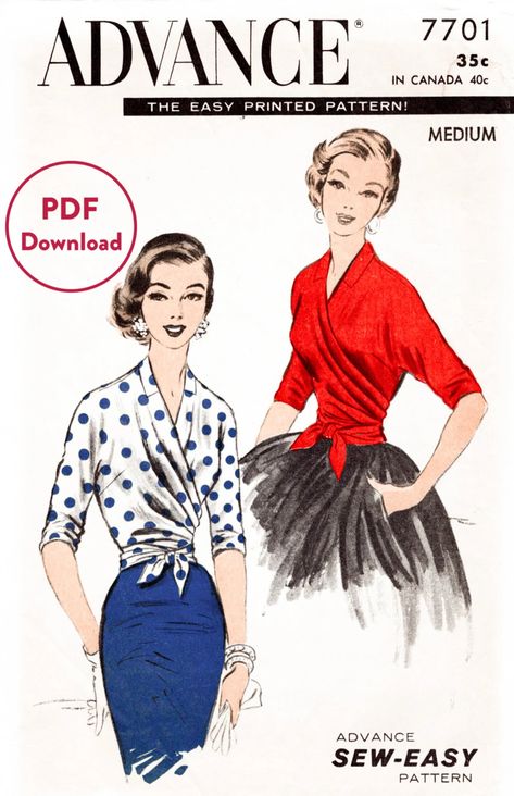 Skirt With Ribbon, Blouse Back, Vintage 1950s Dresses, Blouse Pattern Sewing, Easy To Sew, Top Sewing Pattern, Easy Sewing Patterns, Couture Vintage, Kimono Sleeve