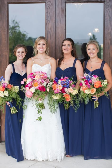 Blue Summer Wedding Colors, Navy And Colorful Wedding, Colourful Wedding Bridesmaids, Navy Blue Spring Wedding, Navy Summer Wedding, Blue And Pink Summer Wedding, Orange Pink Blue Wedding Bridesmaid Dresses, Bright Pink And Navy Wedding, Blue Bridesmaids Colorful Flowers