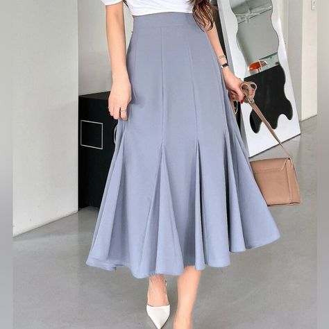 A Very Stylist And Beautiful Skirt That Has Nice Flare To It. Color Of The Skirt Is Dusty Blue Like The Photo. There’s A Zipper On The Side. It Was Never Worn Before And Is In Excellent Condition. Please Swipe Left For More Accurate Measurements. Material: 100% Polyester Godet Skirt, Midi Flare Skirt, Formal Skirt, Beautiful Skirts, Skirt Design, Skirt Pattern, Modest Outfits, Vintage Skirt, Skirt Outfits