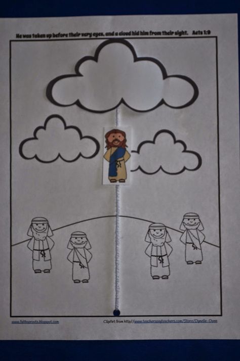 Jesus ascends into heaven in a cloud.                                                                                                                                                     More Ascension Craft, Sunday School Projects, Jesus Crafts, Children's Church Crafts, Bible Story Crafts, Abstract Concept, Preschool Bible, Sunday School Crafts For Kids, Bible School Crafts