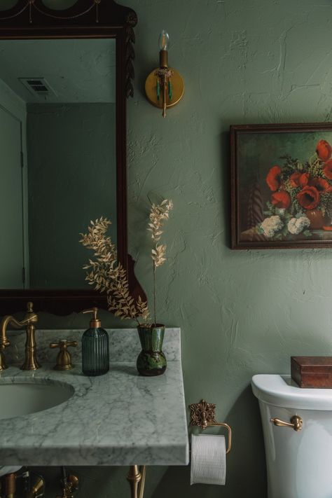 Green Bathroom Colors, Green Bathroom Paint, Moody Bathroom, Dark Green Bathrooms, Tile Wood, Brass Sconces, Bathroom Color Schemes, Sazerac, Brass Sink