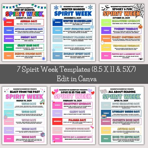 **7 Editable Canva Spirit Week Templates - Celebrate Every Season with Style Get ready to elevate your Spirit Week celebrations with our beautifully crafted set of 7 editable Canva templates! Designed to cater to all your festive needs, this collection includes quirky and fun templates for winter, Halloween, back to school, Valentine's Day, retro themes, and year-end festivities. Each template has been thoughtfully designed to capture the essence of each occasion, making it easier than ever to spread cheer and excitement within your community. Plus, with Canva's user-friendly platform, customizing these templates is a breeze for everyone, whether you're a seasoned pro or a beginner! Each template is available in high-resolution format, ensuring your final creation looks stunning no matter Spirit Week Ideas Daycare, Cheer Spirit Week Ideas, Workout Wednesday Outfit Spirit Week, Movie Themed Spirit Week, Hoco Spirit Week Themes, Employee Spirit Week Ideas, Halloween Spirt Week Ideas School, October Spirit Week Ideas Preschool, Underground Teacher Spirit Week