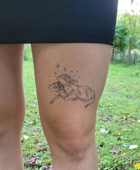 inspired by the poem the two headed calf by laura gilpin, done at divination tattoo in asheville, nc Laura Gilpin, Poem Tattoo, Two Headed Calf, Cow Tattoo, Handpoke Tattoo, Cute Little Tattoos, Calf Tattoo, Head Tattoos, Dainty Tattoos