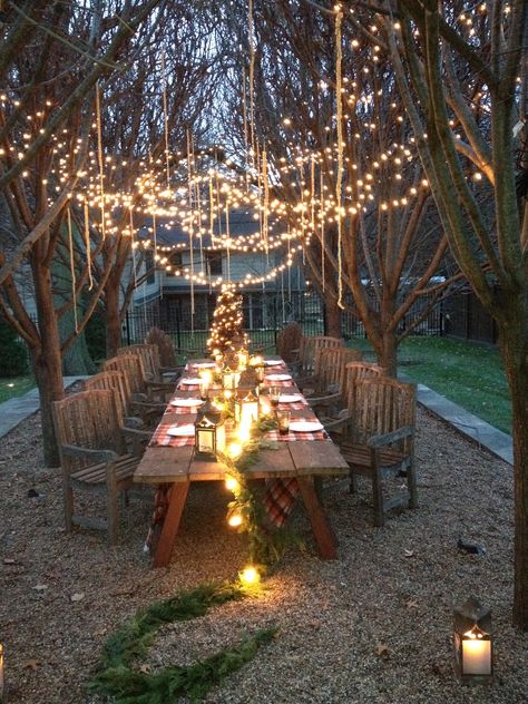 Run light strands down middle of table Patio Lights, Patio String Lights, Backyard Lighting, Backyard Party, Patio Lighting, Party Lights, String Lights Outdoor, Outdoor Party, Lighting Ideas