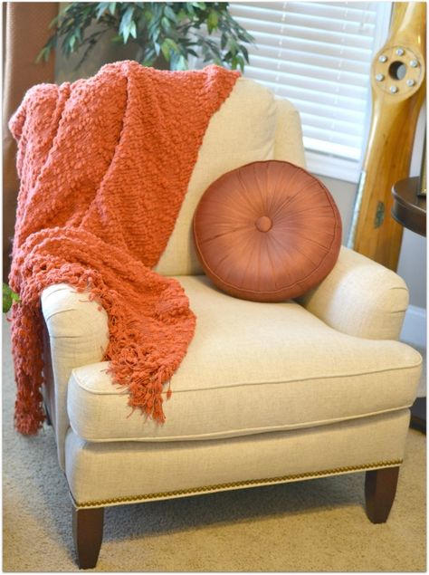 I love draping throws over chairs! -Sondra Lyn at Home tour Drape Throw Over Couch, Chair Throw Blanket, Draped Throw On Sofa, Throw Blanket On Chair, Throw Blanket On Couch Chase, How To Drape A Throw Blanket On Chair, Lazy Boy Chair, Lazy Boy, Bedroom Redesign