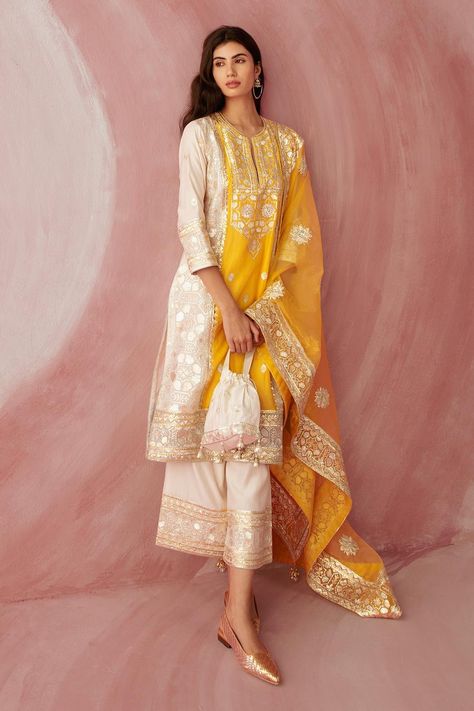 Buy White Silk Chanderi Embroidery Gota Patti Notched Kurta Palazzo Set For Women by Sureena Chowdhri Online at Aza Fashions. Sureena Chowdhri, Gota Patti Work, Kurta Palazzo Set, Gaun Fashion, Salwar Kamiz, Palazzo Set, Indian Dress, Party Wear Indian Dresses, Pattern Embroidery