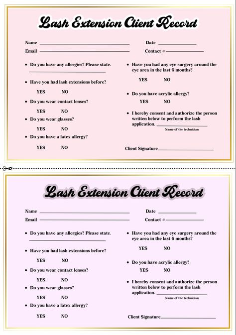 Lash Record Card, Lash Tech Paperwork, Eyelash Client Record, Lash Extensions Client Record, Lash Client Forms, Lash Room Inspo Pink, Lash Consultation Form, Small Lash Studio Ideas, Lash Company Name Ideas