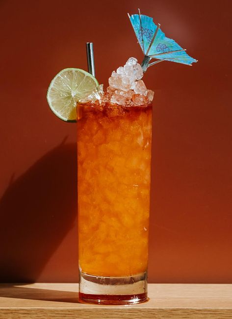 Coppertone Cocktail Recipe | PUNCH Tiki Drink, Frozen Daiquiri, Daiquiri Cocktail, Hey Bartender, Fun Drinks Alcohol, Coconut Syrup, Cocktail Photos, Gin Drinks, Tiki Cocktails