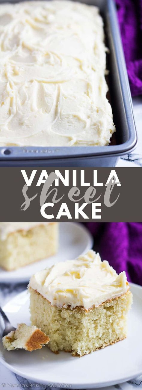 Perfect Vanilla Sheet Cake - Deliciously moist and fluffy vanilla cake baked in a rectangle pan, and topped with scrumptiously creamy vanilla buttercream frosting! #vanilla #sheetcake #cakerecipes #recipe Cake Receipt, Bday Desserts, 9x13 Desserts, Fluffy Vanilla Cake Recipe, Vanilla Sheet Cake, 9x13 Cake, Traybake Cake, Vanilla Sheet Cakes, Cannoli Shells