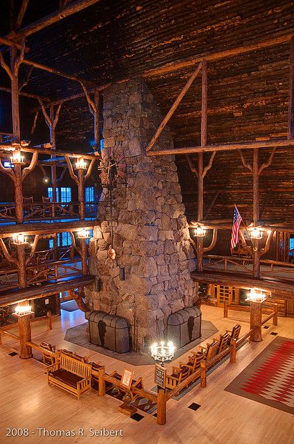 Old Faithful Inn Fireplace - Yellowstone. I had to repin this because that fireplace is so totally awesome in person. You can be reading by yourself on one of the upper floors like a library with all the action below you. Old Faithful Inn, National Park Lodges, Yellowstone Vacation, Yellowstone Trip, Yellowstone Park, Old Faithful, National Parks Usa, Jackson Hole, Yellowstone National