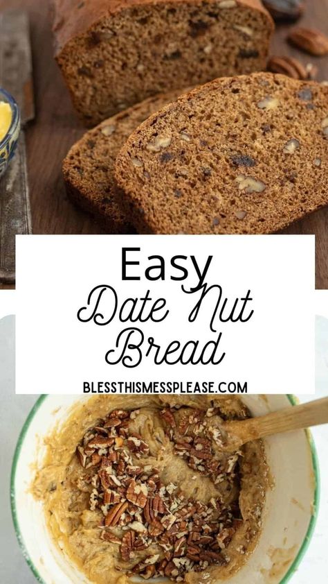 This old fashioned date nut bread recipe is made with chopped date, sugar, flour, cinnamon, and it's perfect with a cup of tea! Date And Pecan Loaf, Date Nut Muffins, Date Nut Bread Recipe, Dried Fruit Recipes, Low Sodium Breakfast, Tea Breads, Date And Walnut Loaf, Date Bread, Date And Walnut