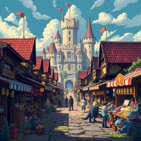 A bustling medieval marketplace in a pixel art style - AI Generated Artwork - NightCafe Creator Medieval Pixel Art, Medieval Marketplace, Epic Texts, 8 Bits, Medieval Town, Art Generator, Cool Artwork, Pixel Art, Art Style