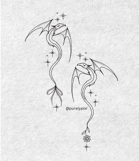 Sister Tattoo Stencil, Fantasy Matching Tattoos, Minimal Tattoo Sisters, Best Friend Dragon Tattoos, Fineline Matching Tattoo, Dragon Sibling Tattoo, Dainty Bestie Tattoos, Whimsical Matching Tattoos, Twin Dragons Tattoo