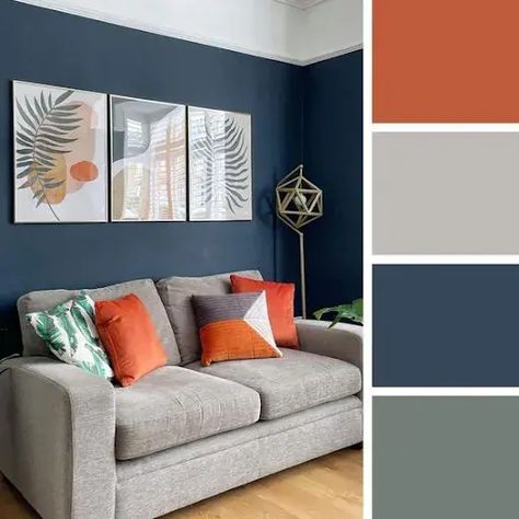 40 Best Two Colour Combination for Living Room Dark Blue Accent Wall, Grey And Orange Living Room, Small Living Room Decoration, Gray Sofa Styling, Blue And Orange Living Room, Burnt Orange Living Room, Blue Accent Wall, Living Room Color Combination, Room Color Combination