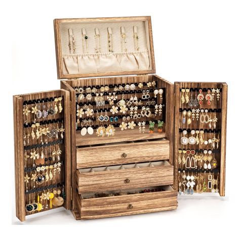 PRICES MAY VARY. Rustic Jewelry Box for Girls: If love Bohemian or farmhouse, this Girls jewelry box will be a wonderful gift for yourself. Made of solid wood and torched into a rustic look, it will be the awesome focus on your dresser. What You Need: A jewelry box organizer which specially design for storing earrings, its super storage space could organize all your earrings and keep organized. Large Capacity: 4 earrings holder boards can hang up about 80 pair of earrings. Come with 3 different Rustic Jewelry Organizer, Earring Holder Stand, Earrings Holder, Jewelry Box Organizer, Girls Jewelry Box, Large Jewelry Box, Earring Organizer, Earring Stand, Box Organizer