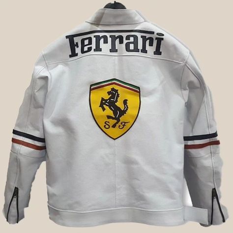 Best hyped ferrari leather jacket White🤍🎗 Available soon🎁 Ferrari White, Halloween Jacket, Ferrari Jacket, Leather Blazer Women, Shearling Jacket Women, Motorbike Jackets, Racing Jackets, New Ferrari, Ferrari Racing