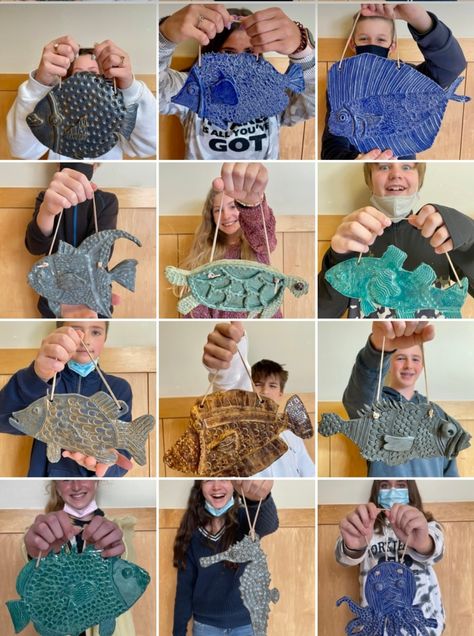 Clay Fish Plaques | Ms. Amsler's Artroom Clay Projects Kids, Clay Projects For Kids, Clay Lesson, Clay Fish, Paper Fish, Pottery Projects, Kids Clay, 6th Grade Art, 4th Grade Art