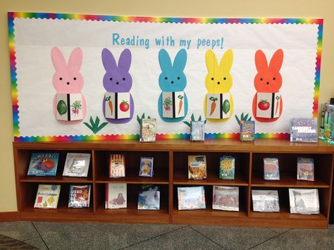 Springtime at the Library Easter Library Display Ideas, Library Spring Displays, St Patricks Day Library Display, Easter Library Bulletin Boards, Library Board Ideas, Library Spring Bulletin Boards, Spring Library Display Ideas, Library Decorations School, Spring Book Display