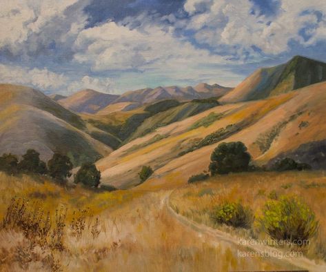 Original California impressionist oil painting of rolling golden hills and oaks. Central Coast California plein air style. Colorful, warm contemporary art. 20 x 24 inches, oil on linen Available. Rolling Hills Landscape, California Hills, Hills Landscape, Air Style, Central Coast California, East Of Eden, California Photos, California Landscape, Impressionist Landscape