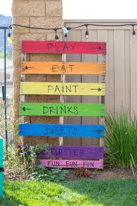 Rainbow pallet sign from a Rainbow Paint Party on Kara's Party Ideas KarasPartyIdeas.com (27) Rainbow Paint Party, Painting Birthday Party, Paint And Drink, Paint Themes, Rainbow Parties, Painting Birthday, Troll Party, Rainbow Paint, Art Birthday Party