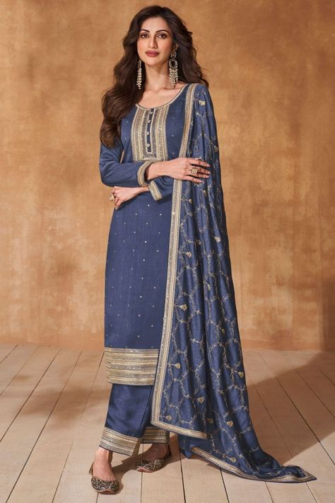 Slate Blue Embroidered Silk Readymade Trouser Kameez Blue Indian Suit, Silk Pant Suit, Readymade Salwar Kameez, Desi Clothes, Indian Wedding Wear, Silk Bottoms, Ghagra Choli, Salwar Kameez Designs, Stunning Outfits