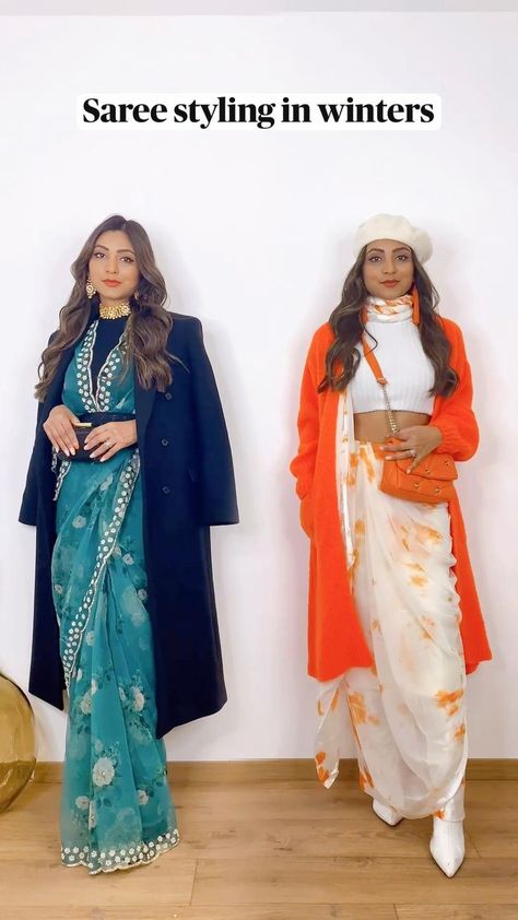 Saree styling in winters #sareestyleideas #sareeinwinters #sareestyle #howtowearsareeinwinter in 2022 | Stylish dresses for girls, Stylish fall outfits, Fancy dress design Saree In Winter Indian Fashion, How To Style Indian Outfits, Winter Fashion Indian Wear, Winter Afternoon Outfit, How To Style Saree In Winter Wedding, Saree Style For Winter, Winter Wedding Saree Look, Missmatching Outfits, Saree In Winter Wedding