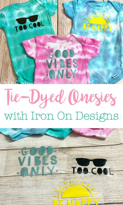 Add iron on designs to your tie-dyed shirts, or baby onesies, for extra fun and colorful shirts. Tie Dye Onesie Diy, Iron On Designs, Onesie Diy, Toddler Quotes, Quotes For Shirts, Cricut Stencils, Tie Dye Crafts, How To Tie Dye, Dye Ideas