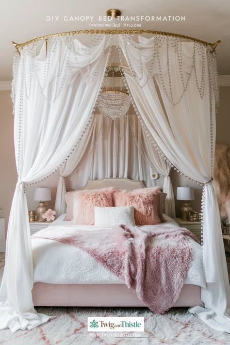 Create a cozy, rustic look with these DIY canopy bed projects. Use natural materials and vintage accents for charm. #RusticBedroom #DIYCanopy #HomeProjects #FarmhouseStyle #BedroomDecor 4 Poster Bed Drapes, Slanted Ceiling Canopy, Mesh Canopy Over Bed, Floating Bed Canopy, Canopy Day Bed, Canopy Bed Ideas For Adults Diy Bedroom, Hanging Canopy From Ceiling, Canopy Beds For Girls Room, Cottagecore Canopy Bed