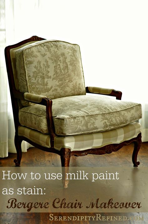 Serendipity Refined Blog: Milk Paint "Stained" French Bergere Style Chair Makeover Bergere Chair Makeover, Reupholstered Chairs, Painted Upholstery, Stained Furniture, Bergere Chairs, Small Home Renovation, Cane Bed, French Sofa, Reupholster Chair