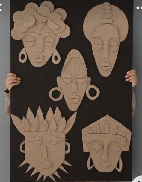 Paper Sculpture Mask, African Masks Art Project, Cardboard Cutout Art, African Art For Kids, Cardboard Masks, Culture Project, Cardboard Mask, Nursing Home Activities, Paper Mache Animals